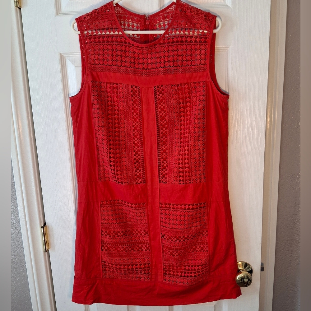 J CREW Sz M Geo Lace Red Cotton Shift Dress Zip Lined Boho Art To Wear Beach